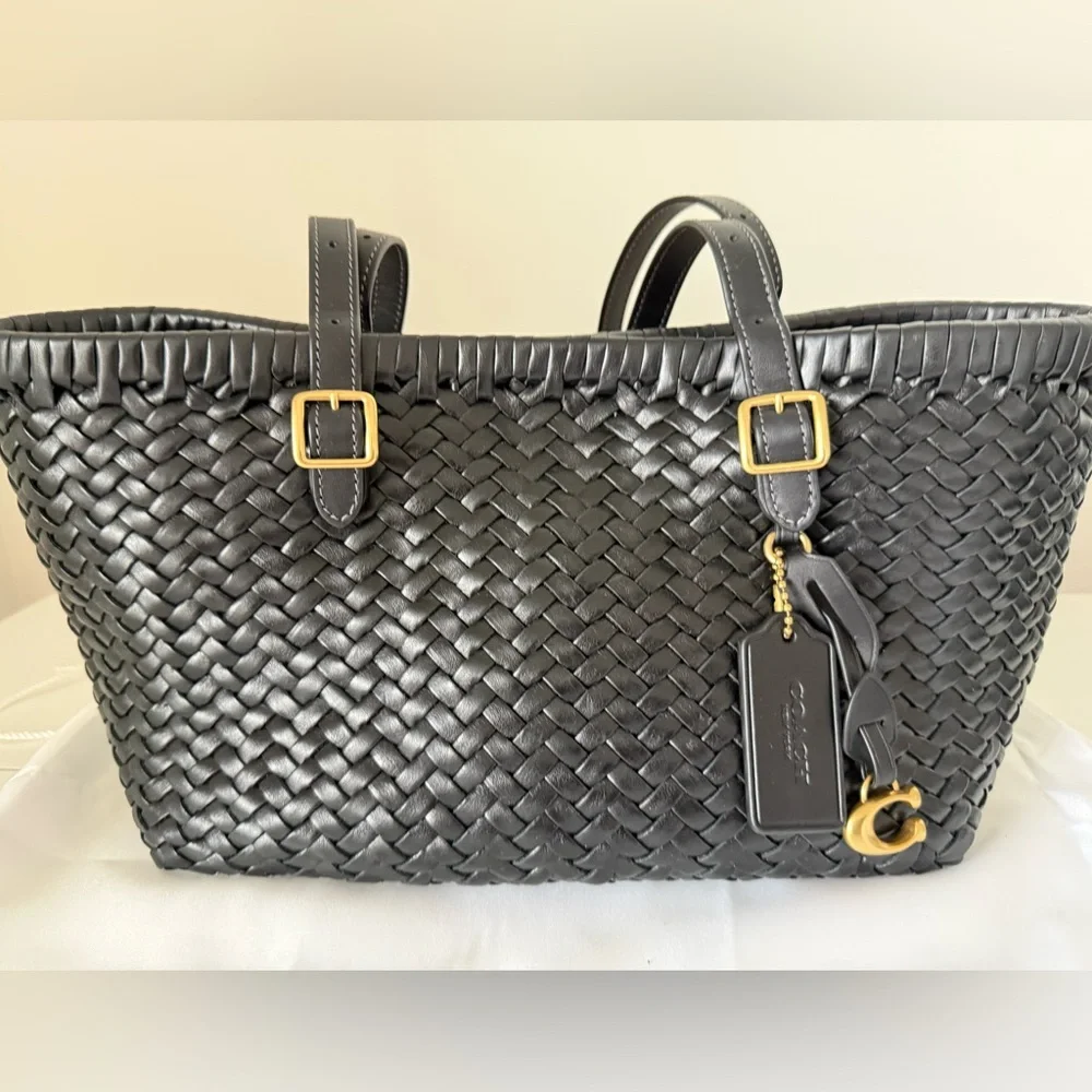 Coach Black Woven Leather Swing Tote - Picture 2 of 13